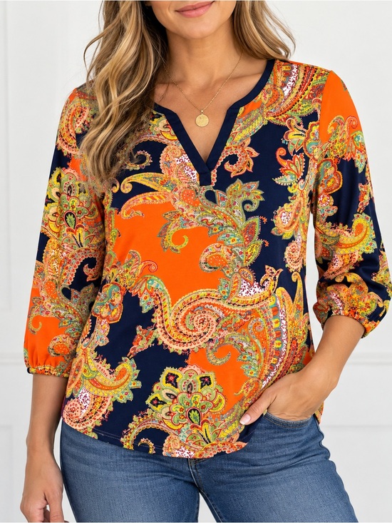 Ralph Lauren Tops - Lauren Ralph Lauren Paisley V-Neck 3/4 Sleeve Knit Top Size L